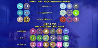 June 5, 2025 | Thursday PCSO 6/42, SuperLotto 6/49, 2Digit, 3Digit, 6Digit Game Results